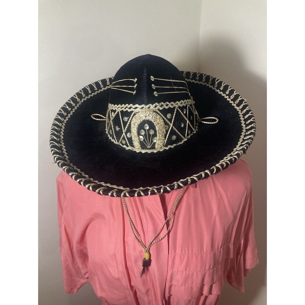 Mexican Sombrero Mariachi Small Hat Black Velvet Silver Horseshoe Calidad XXXXX